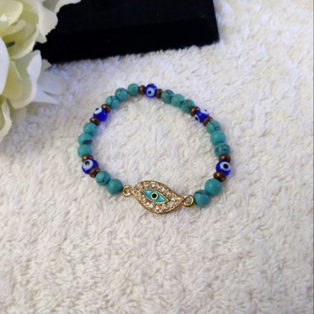 3/$10 ⭐ EUC Blue Turquoise Stone Evil Eye Protective Stretch Bracelet